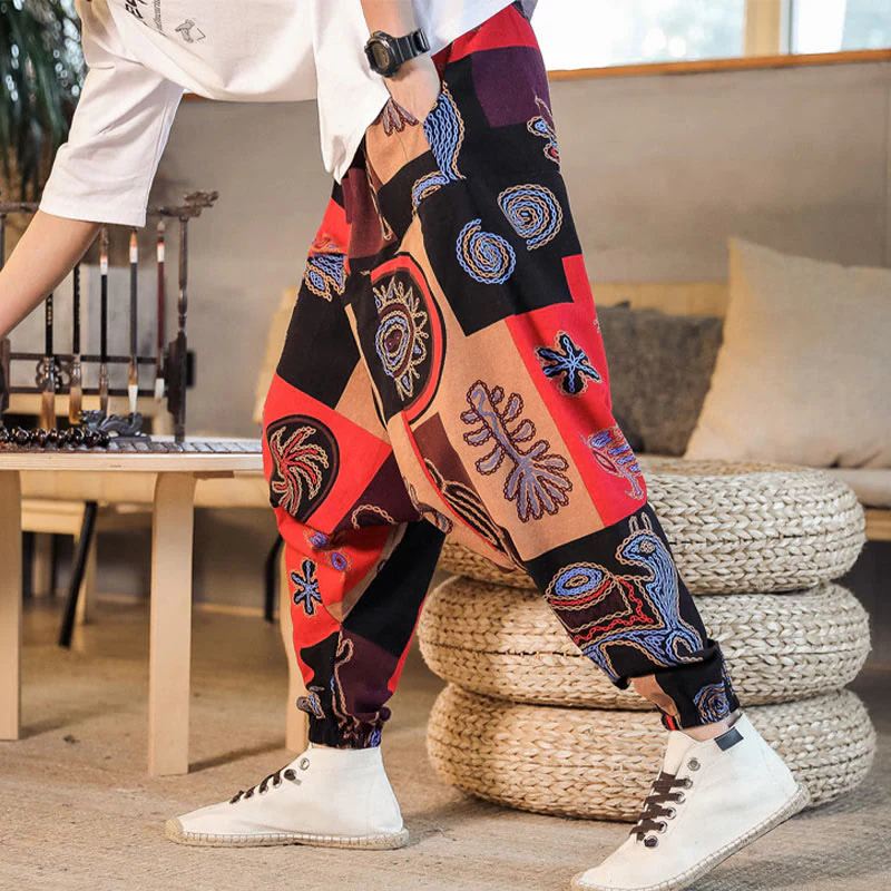 Pantaloni harem da uomo in cotone con stampa floreale a griglia con Buddha Stones e tasche - Image 4
