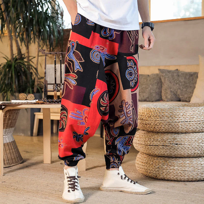 Pantaloni harem da uomo in cotone con stampa floreale a griglia con Buddha Stones e tasche - Image 6