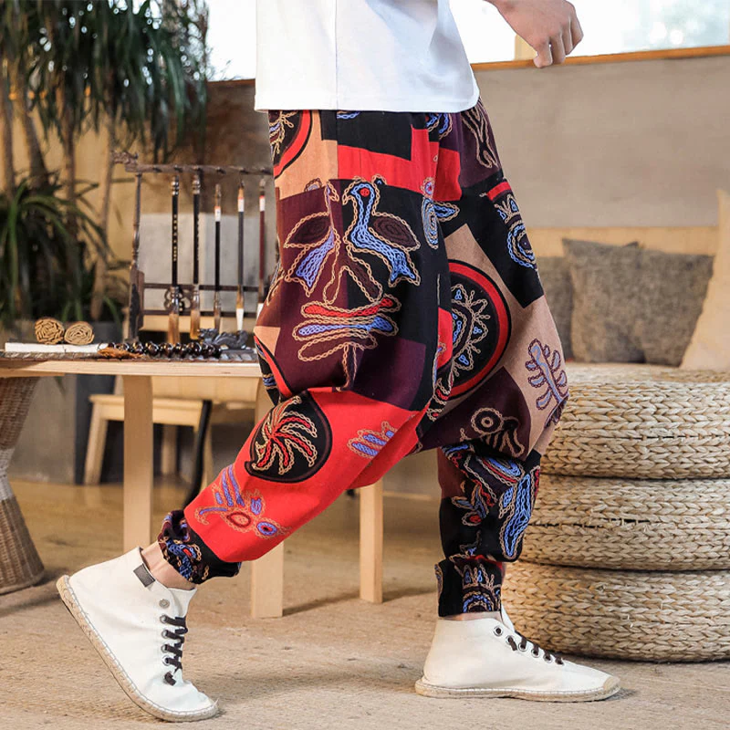Pantaloni harem da uomo in cotone con stampa floreale a griglia con Buddha Stones e tasche - Image 7