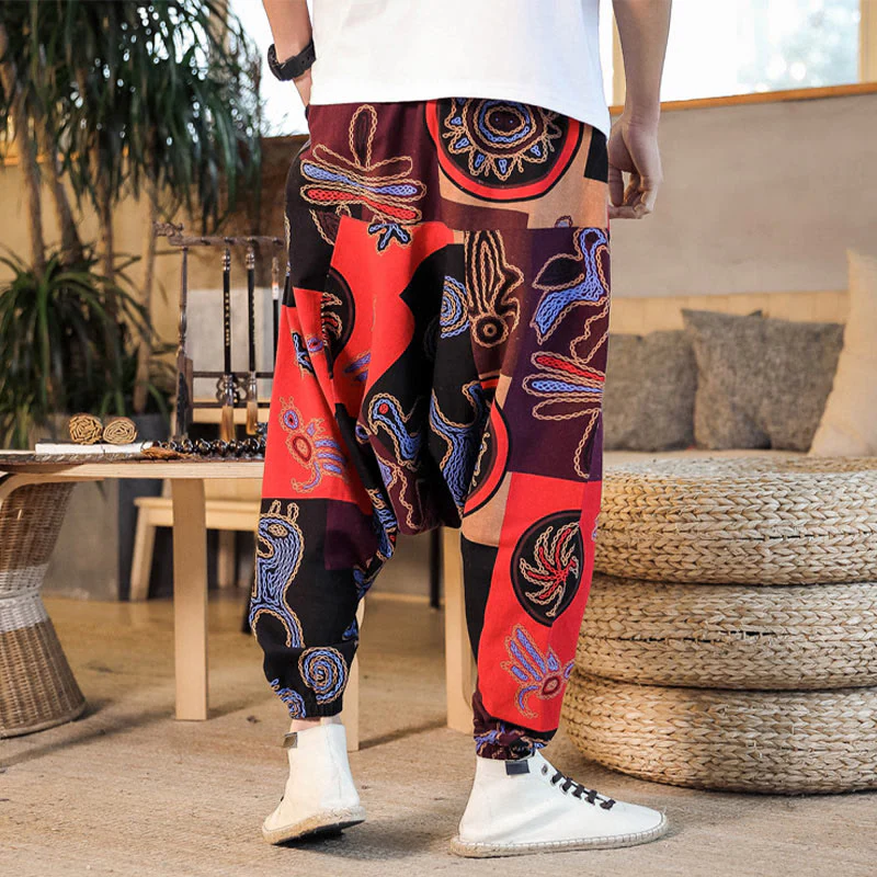 Pantaloni harem da uomo in cotone con stampa floreale a griglia con Buddha Stones e tasche - Image 8