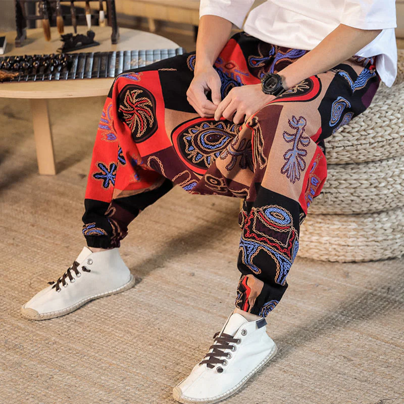 Pantaloni harem da uomo in cotone con stampa floreale a griglia con Buddha Stones e tasche - Image 9