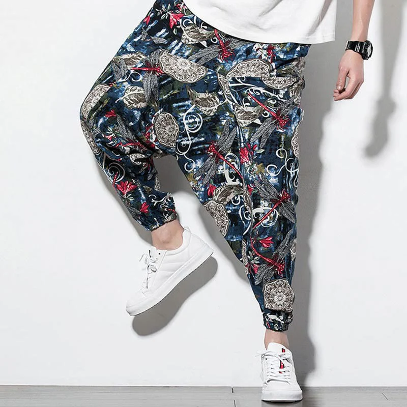 Pantaloni harem da uomo in cotone con stampa libellula rossa e tarassaco, con tasche , Buddha Stones - Image 9