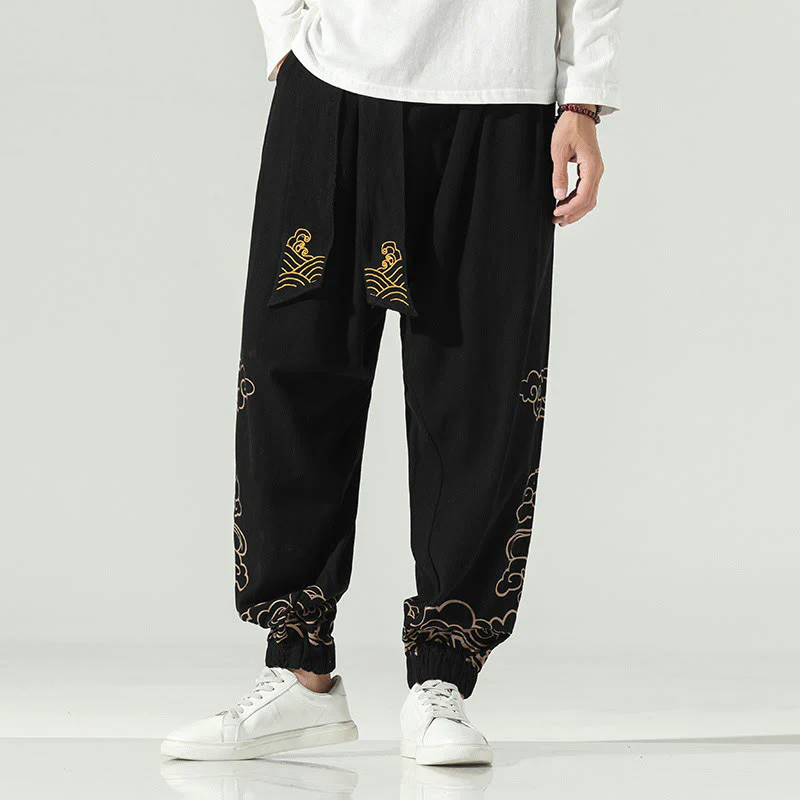 Pantaloni harem da uomo in cotone e lino con coulisse, con tasche , Buddha Stones, nuvole di buon auspicio