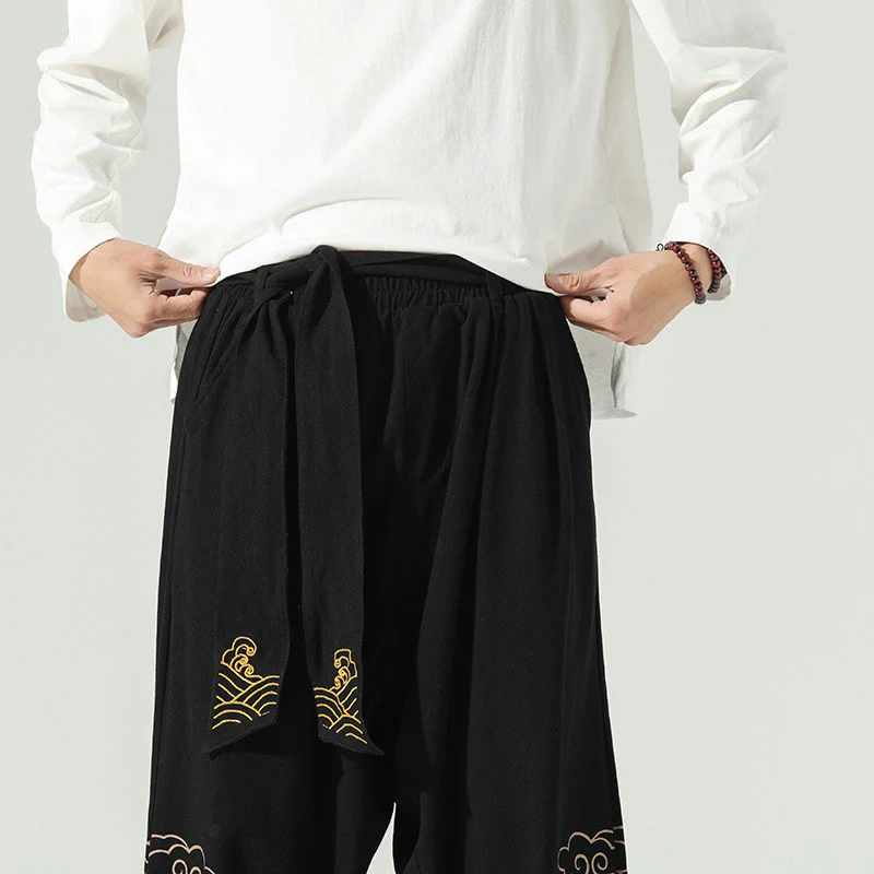 Pantaloni harem da uomo in cotone e lino con coulisse, con tasche , Buddha Stones, nuvole di buon auspicio - Image 10