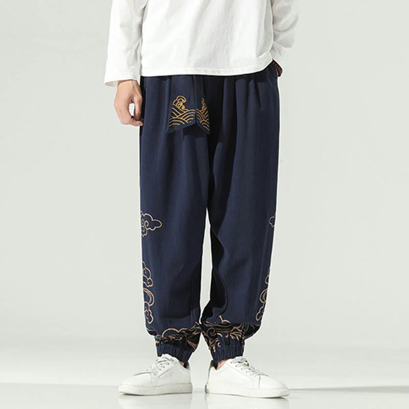 Pantaloni harem da uomo in cotone e lino con coulisse, con tasche , Buddha Stones, nuvole di buon auspicio - Image 12