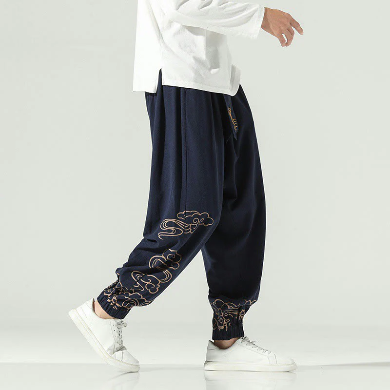 Pantaloni harem da uomo in cotone e lino con coulisse, con tasche , Buddha Stones, nuvole di buon auspicio - Image 13