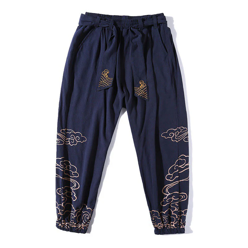 Pantaloni harem da uomo in cotone e lino con coulisse, con tasche , Buddha Stones, nuvole di buon auspicio - Image 15