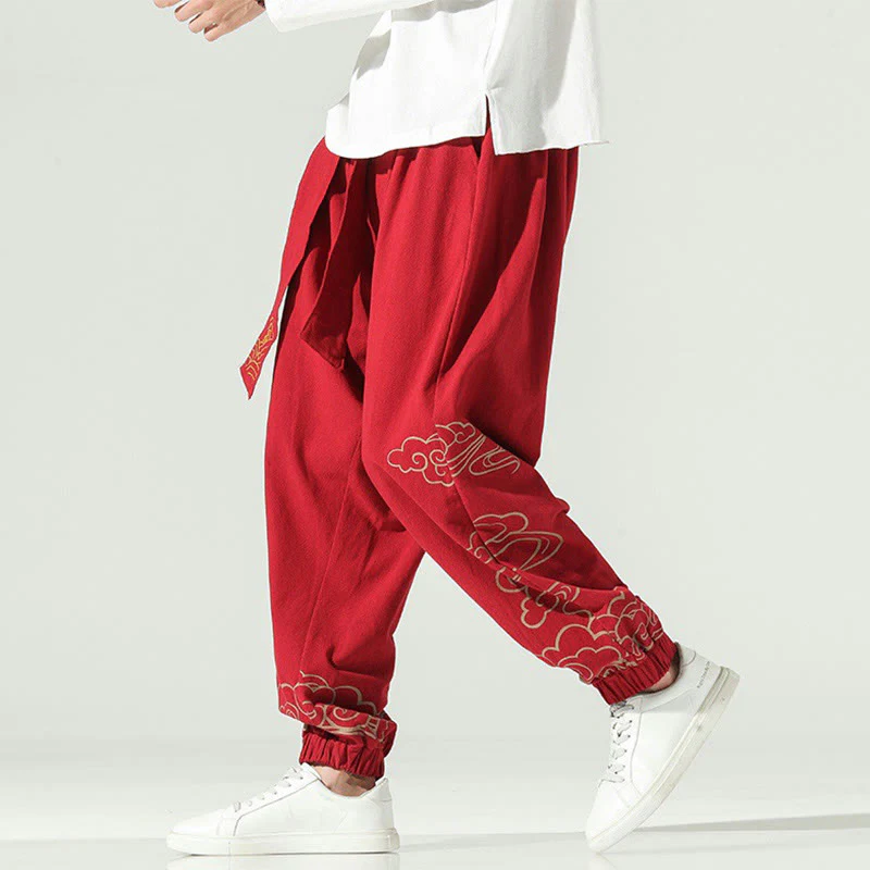 Pantaloni harem da uomo in cotone e lino con coulisse, con tasche , Buddha Stones, nuvole di buon auspicio - Image 21