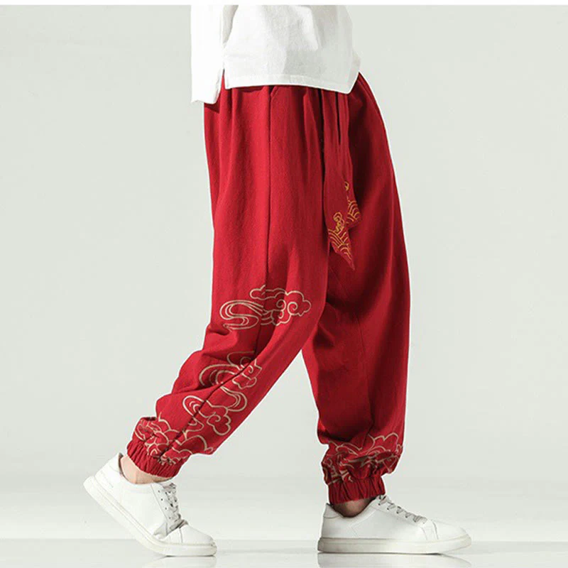 Pantaloni harem da uomo in cotone e lino con coulisse, con tasche , Buddha Stones, nuvole di buon auspicio - Image 22