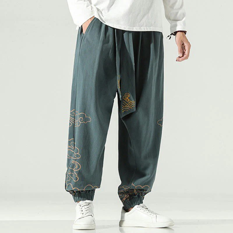 Pantaloni harem da uomo in cotone e lino con coulisse, con tasche , Buddha Stones, nuvole di buon auspicio - Image 23