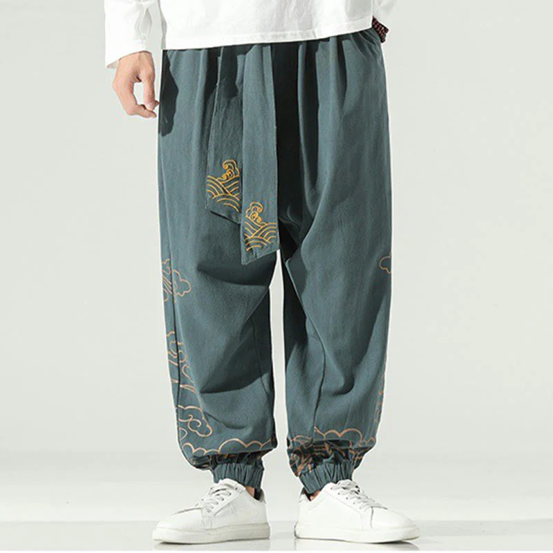Pantaloni harem da uomo in cotone e lino con coulisse, con tasche , Buddha Stones, nuvole di buon auspicio - Image 24