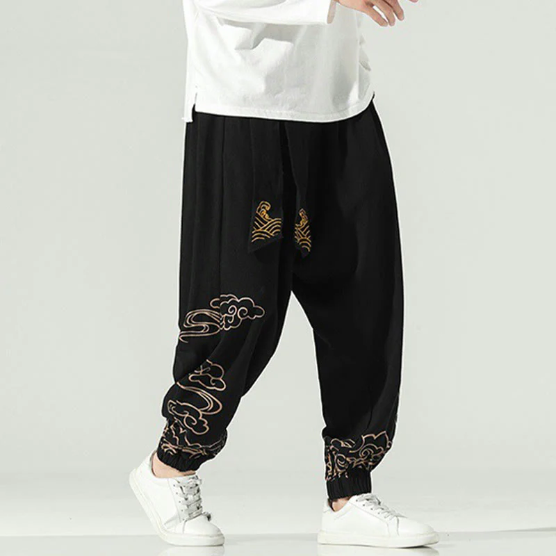 Pantaloni harem da uomo in cotone e lino con coulisse, con tasche , Buddha Stones, nuvole di buon auspicio - Image 4