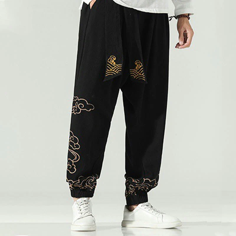 Pantaloni harem da uomo in cotone e lino con coulisse, con tasche , Buddha Stones, nuvole di buon auspicio - Image 6