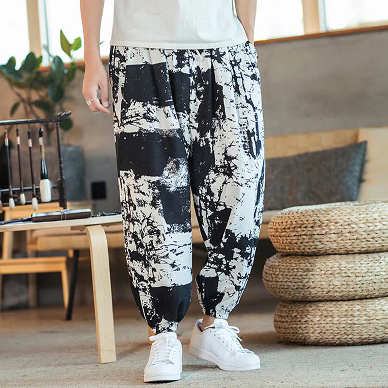 Pantaloni harem da uomo in cotone e lino con coulisse, con tasche, motivo Buddha Stones, inchiostro bianco e nero - Image 8