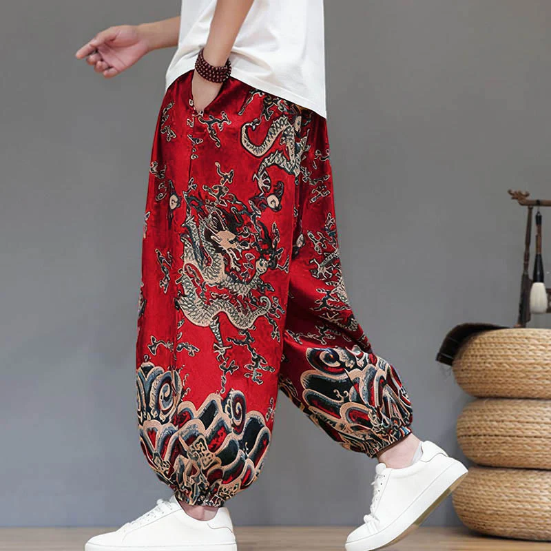 Pantaloni harem da uomo in cotone e lino con coulisse, motivo Buddha Stones Summer Dragon e tasche - Image 4