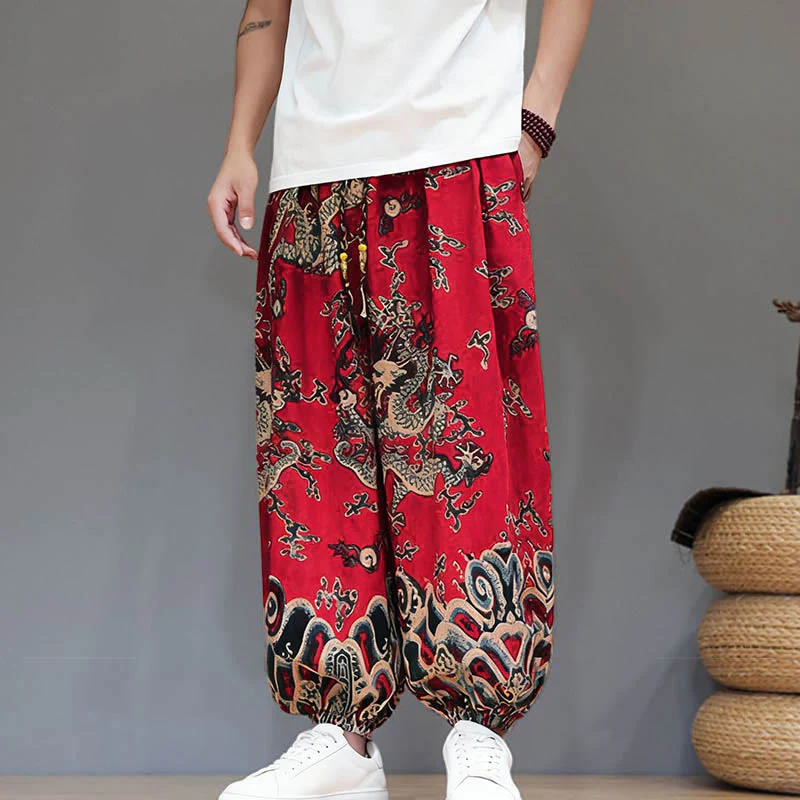 Pantaloni harem da uomo in cotone e lino con coulisse, motivo Buddha Stones Summer Dragon e tasche - Image 7