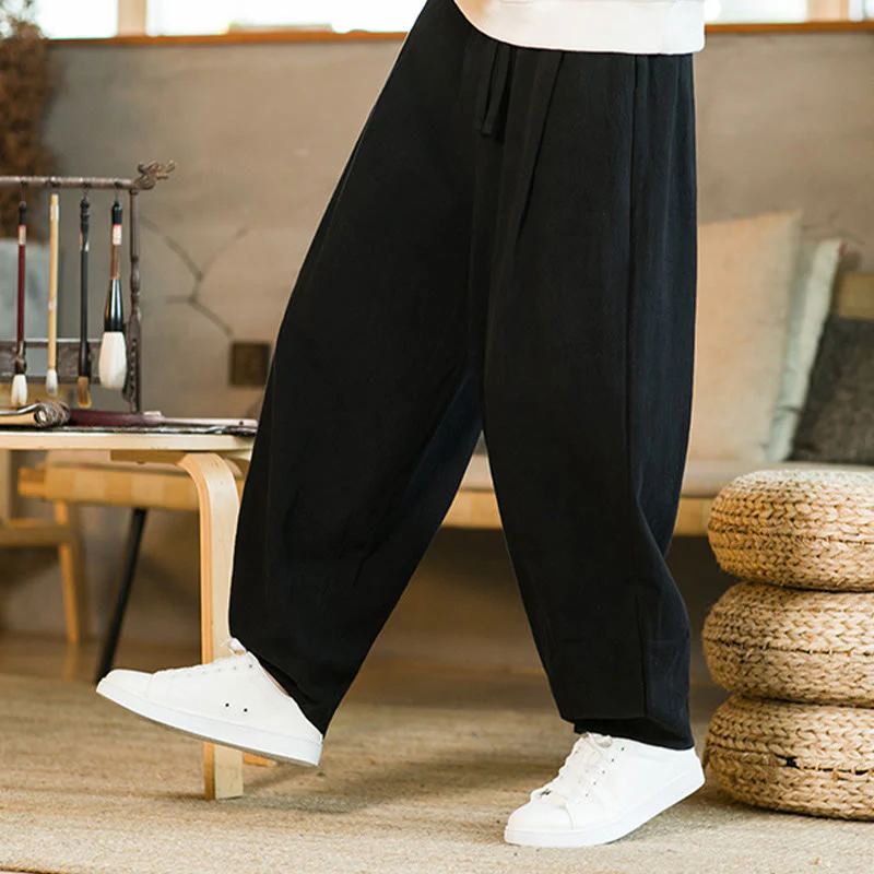 Pantaloni harem da uomo in cotone e lino tinta unita con coulisse e tasche, motivo Buddha Stones - Image 15