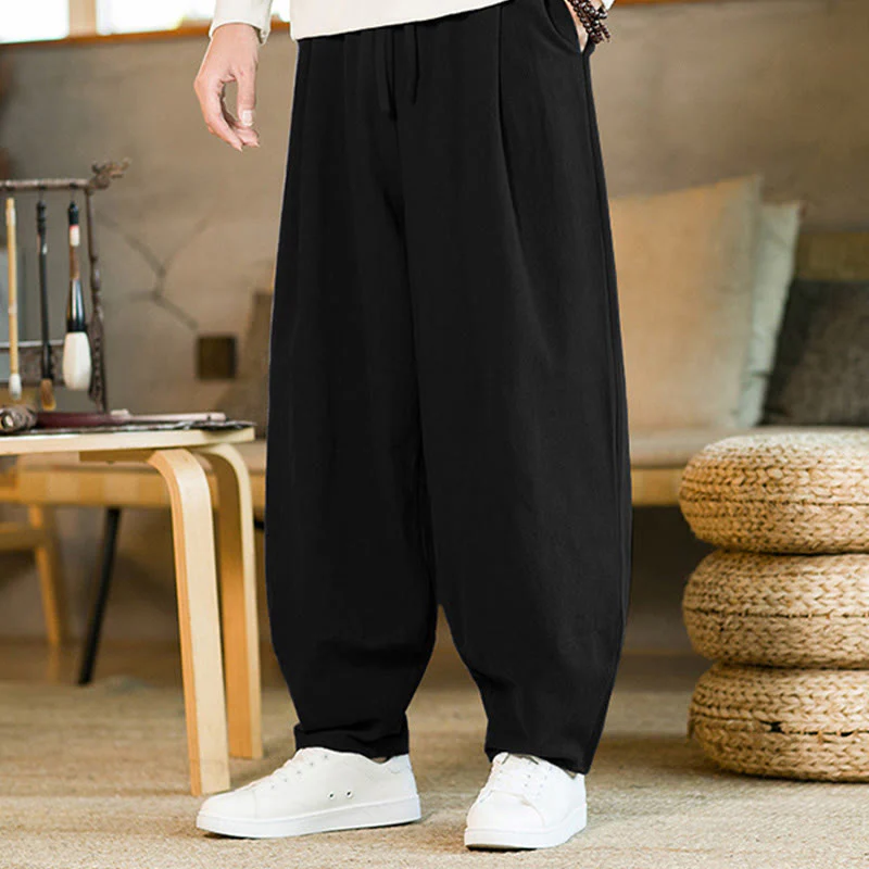 Pantaloni harem da uomo in cotone e lino tinta unita con coulisse e tasche, motivo Buddha Stones - Image 17