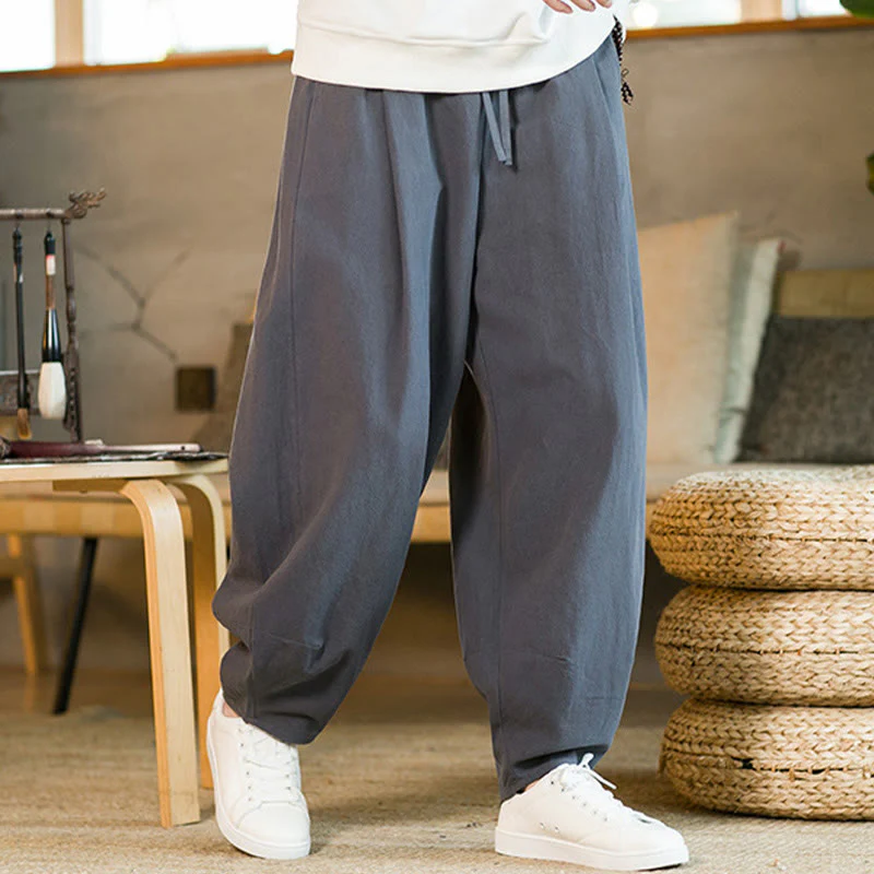 Pantaloni harem da uomo in cotone e lino tinta unita con coulisse e tasche, motivo Buddha Stones - Image 33