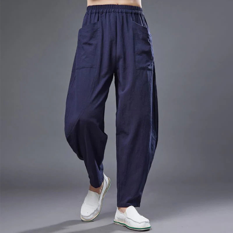 Pantaloni harem da uomo in cotone ramiè e lino tinta unita con elastico in vita e tasche , Buddha Stones - Image 12