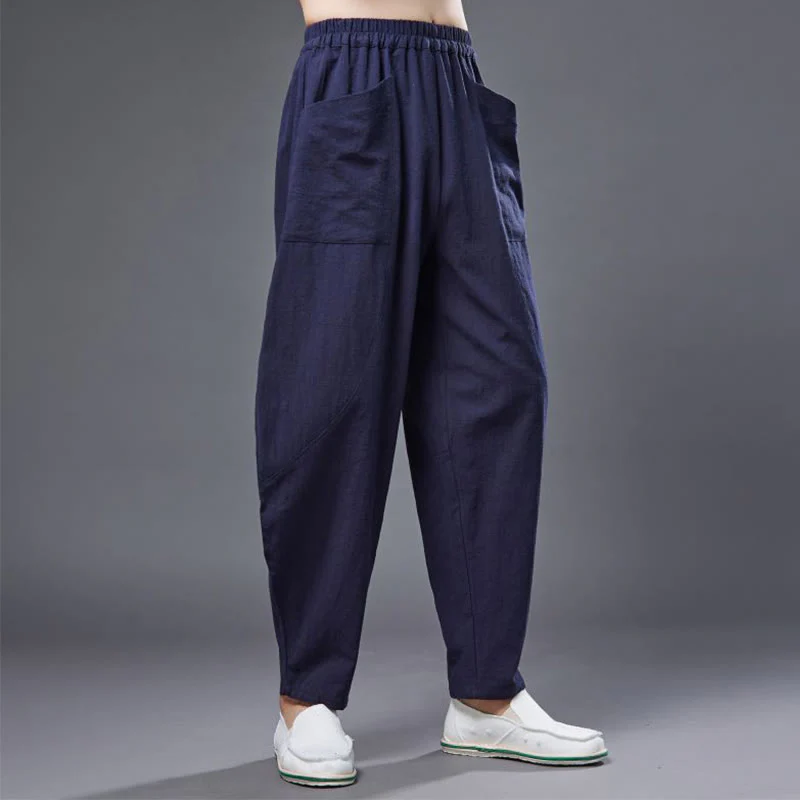 Pantaloni harem da uomo in cotone ramiè e lino tinta unita con elastico in vita e tasche , Buddha Stones - Image 13