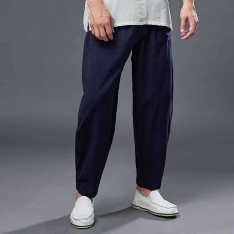Pantaloni harem da uomo in cotone ramiè e lino tinta unita con elastico in vita e tasche , Buddha Stones - Image 18
