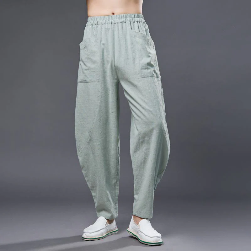 Pantaloni harem da uomo in cotone ramiè e lino tinta unita con elastico in vita e tasche , Buddha Stones - Image 19