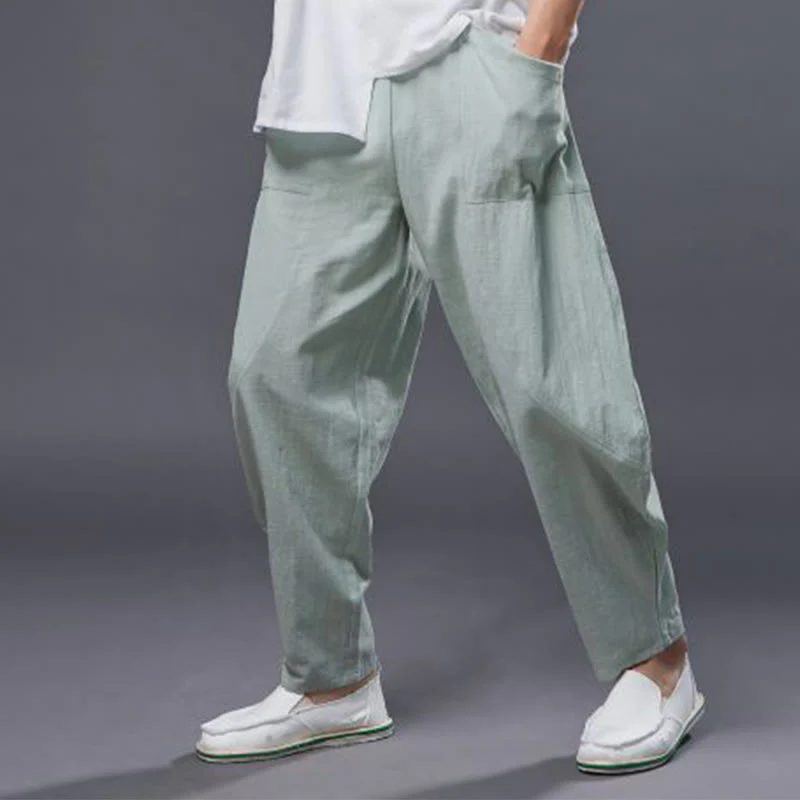 Pantaloni harem da uomo in cotone ramiè e lino tinta unita con elastico in vita e tasche , Buddha Stones - Image 23