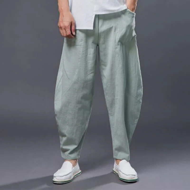 Pantaloni harem da uomo in cotone ramiè e lino tinta unita con elastico in vita e tasche , Buddha Stones - Image 24