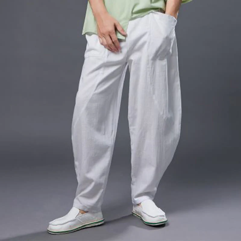 Pantaloni harem da uomo in cotone ramiè e lino tinta unita con elastico in vita e tasche , Buddha Stones - Image 3