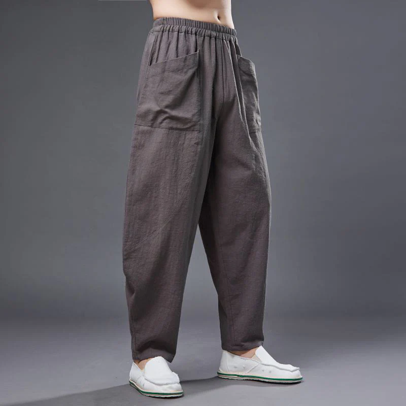 Pantaloni harem da uomo in cotone ramiè e lino tinta unita con elastico in vita e tasche , Buddha Stones - Image 35
