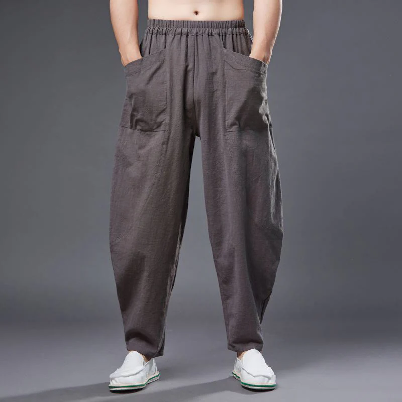 Pantaloni harem da uomo in cotone ramiè e lino tinta unita con elastico in vita e tasche , Buddha Stones - Image 36