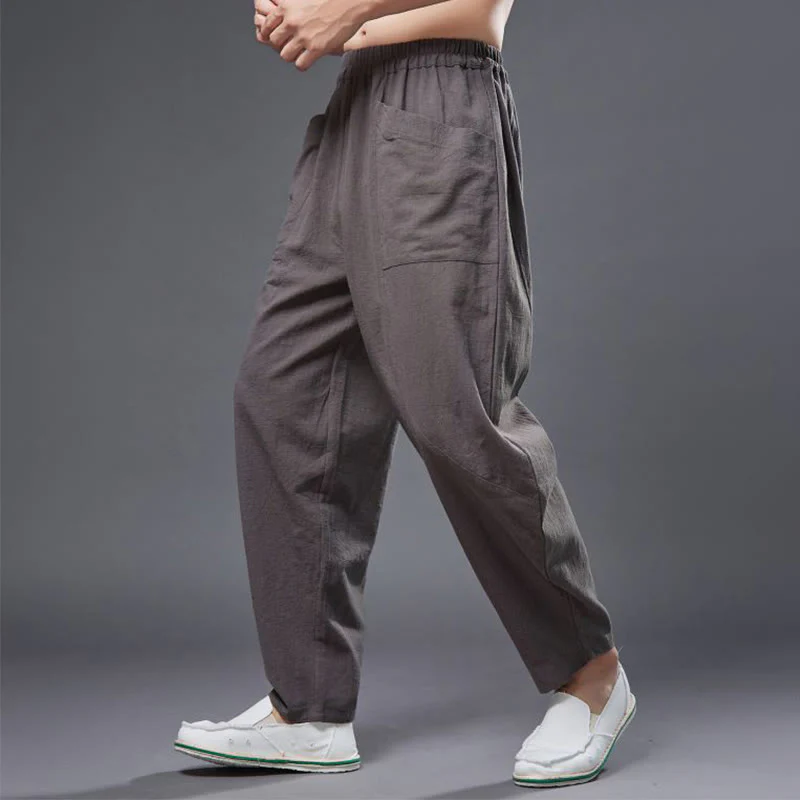 Pantaloni harem da uomo in cotone ramiè e lino tinta unita con elastico in vita e tasche , Buddha Stones - Image 37