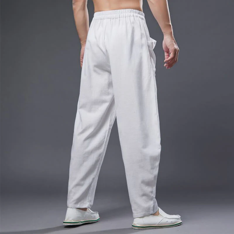 Pantaloni harem da uomo in cotone ramiè e lino tinta unita con elastico in vita e tasche , Buddha Stones - Image 5
