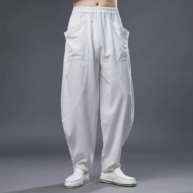 Pantaloni harem da uomo in cotone ramiè e lino tinta unita con elastico in vita e tasche , Buddha Stones - Image 9
