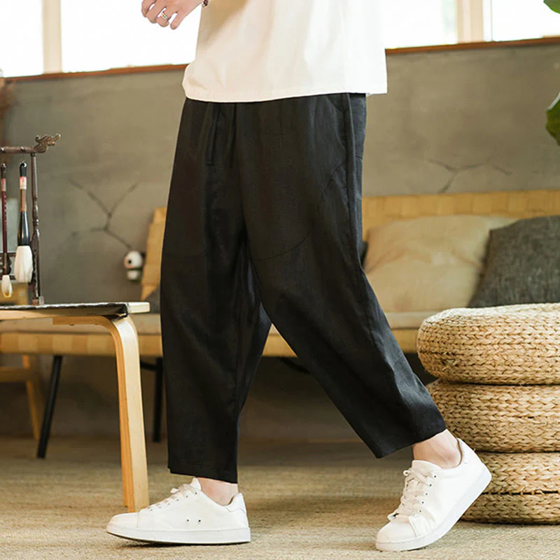 Pantaloni harem da uomo in lino con elastico in vita, con coulisse, stile casual retrò, tinta unita, stile semplice, con tasche , Buddha Stones - Image 10