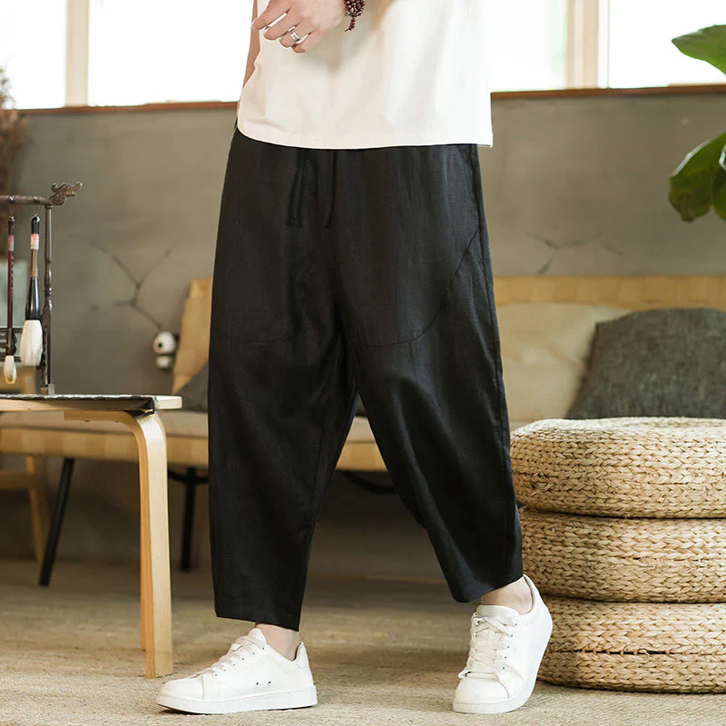 Pantaloni harem da uomo in lino con elastico in vita, con coulisse, stile casual retrò, tinta unita, stile semplice, con tasche , Buddha Stones - Image 11