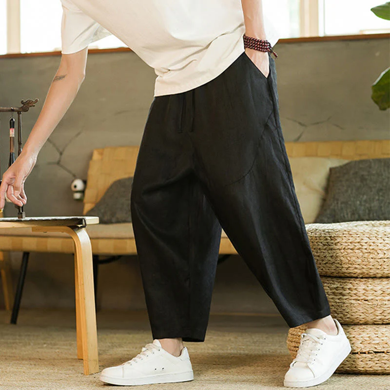 Pantaloni harem da uomo in lino con elastico in vita, con coulisse, stile casual retrò, tinta unita, stile semplice, con tasche , Buddha Stones - Image 12