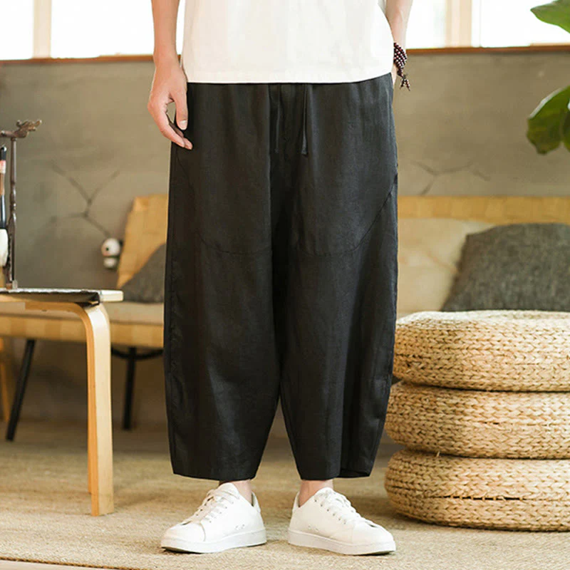 Pantaloni harem da uomo in lino con elastico in vita, con coulisse, stile casual retrò, tinta unita, stile semplice, con tasche , Buddha Stones - Image 14