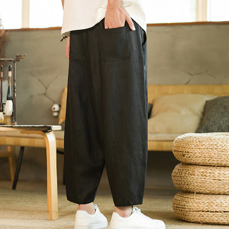 Pantaloni harem da uomo in lino con elastico in vita, con coulisse, stile casual retrò, tinta unita, stile semplice, con tasche , Buddha Stones - Image 15