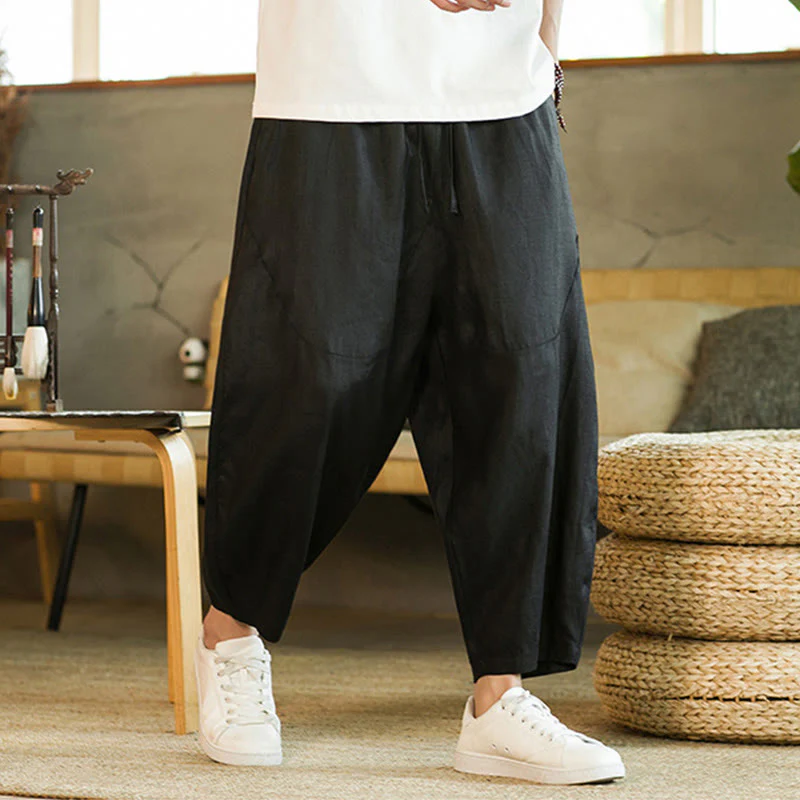 Pantaloni harem da uomo in lino con elastico in vita, con coulisse, stile casual retrò, tinta unita, stile semplice, con tasche , Buddha Stones - Image 17