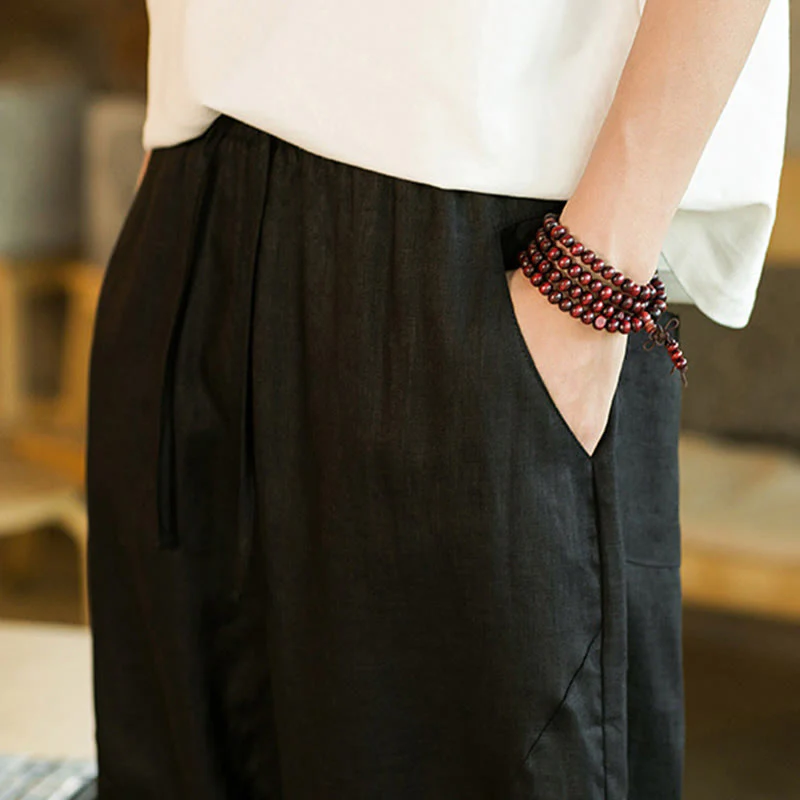Pantaloni harem da uomo in lino con elastico in vita, con coulisse, stile casual retrò, tinta unita, stile semplice, con tasche , Buddha Stones - Image 18