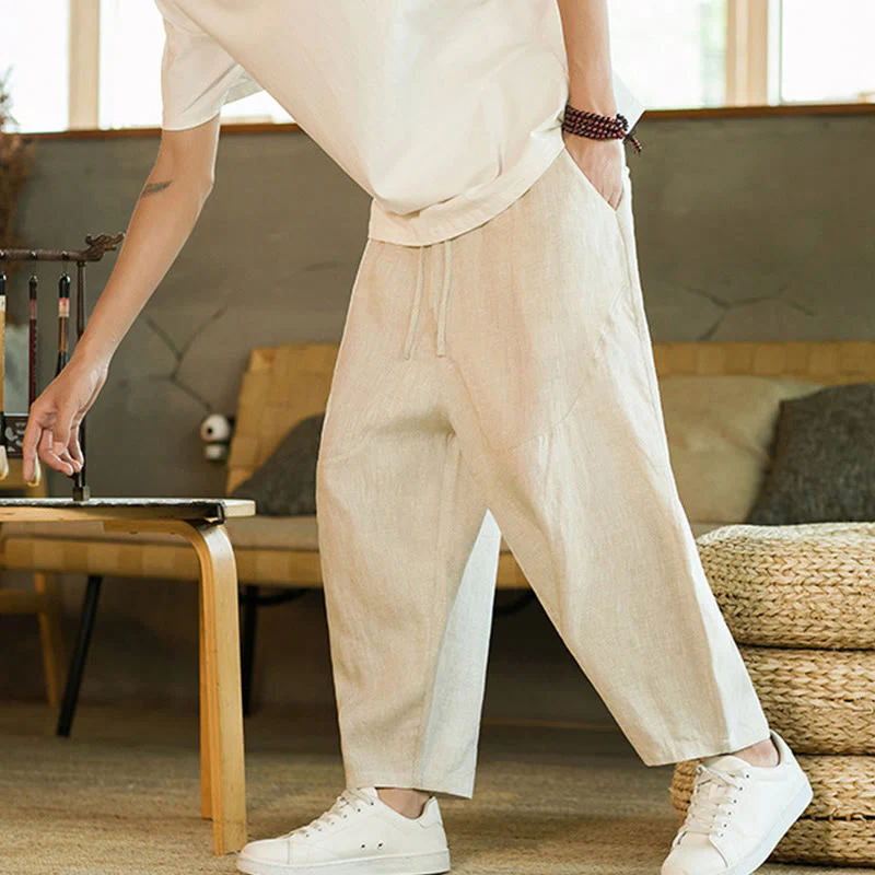 Pantaloni harem da uomo in lino con elastico in vita, con coulisse, stile casual retrò, tinta unita, stile semplice, con tasche , Buddha Stones - Image 2