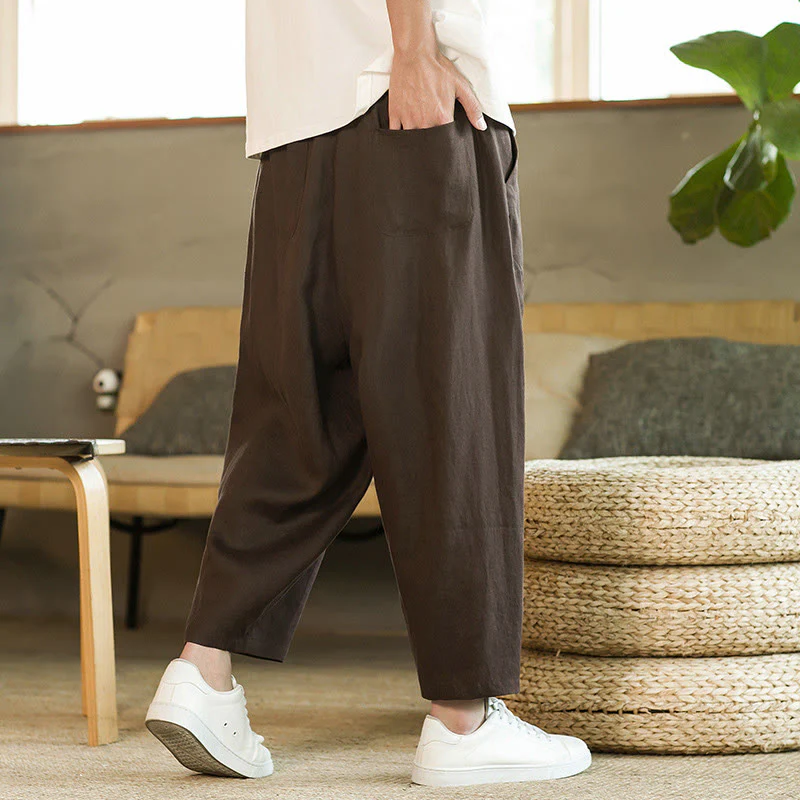 Pantaloni harem da uomo in lino con elastico in vita, con coulisse, stile casual retrò, tinta unita, stile semplice, con tasche , Buddha Stones - Image 22