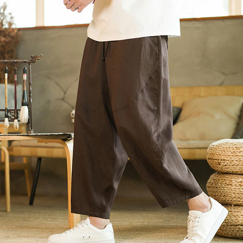 Pantaloni harem da uomo in lino con elastico in vita, con coulisse, stile casual retrò, tinta unita, stile semplice, con tasche , Buddha Stones - Image 23