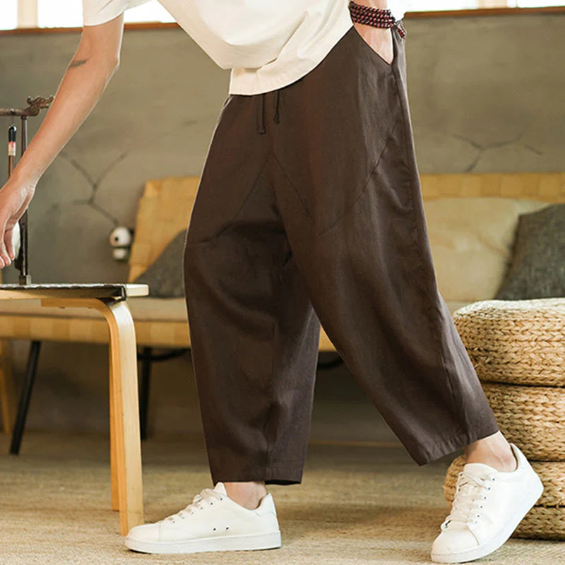 Pantaloni harem da uomo in lino con elastico in vita, con coulisse, stile casual retrò, tinta unita, stile semplice, con tasche , Buddha Stones - Image 24