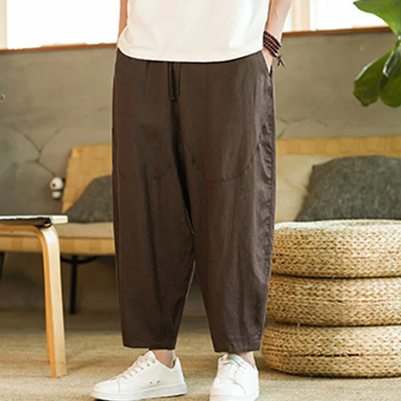 Pantaloni harem da uomo in lino con elastico in vita, con coulisse, stile casual retrò, tinta unita, stile semplice, con tasche , Buddha Stones - Image 25