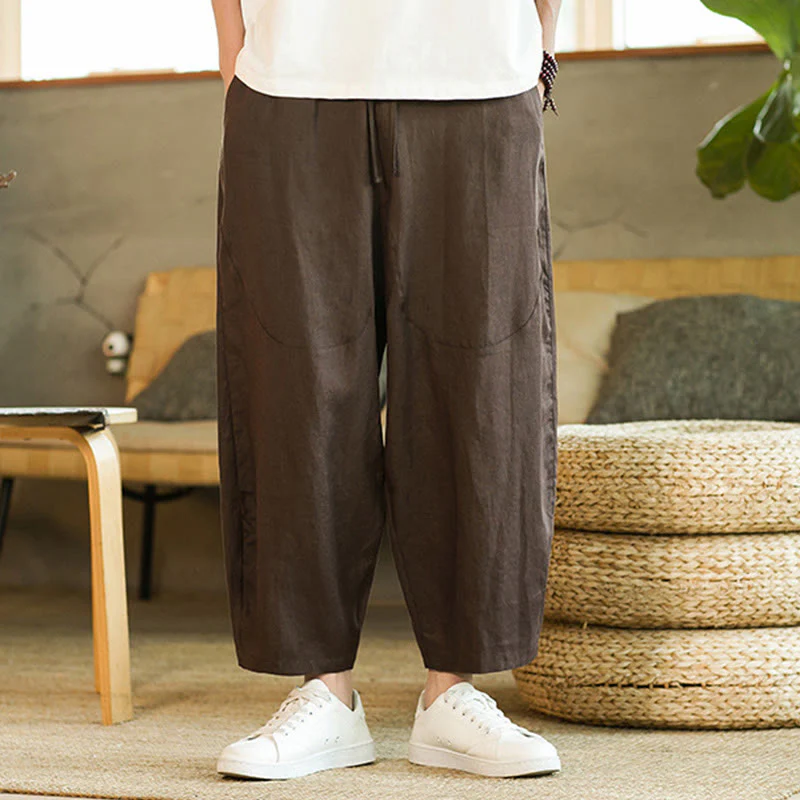 Pantaloni harem da uomo in lino con elastico in vita, con coulisse, stile casual retrò, tinta unita, stile semplice, con tasche , Buddha Stones - Image 26