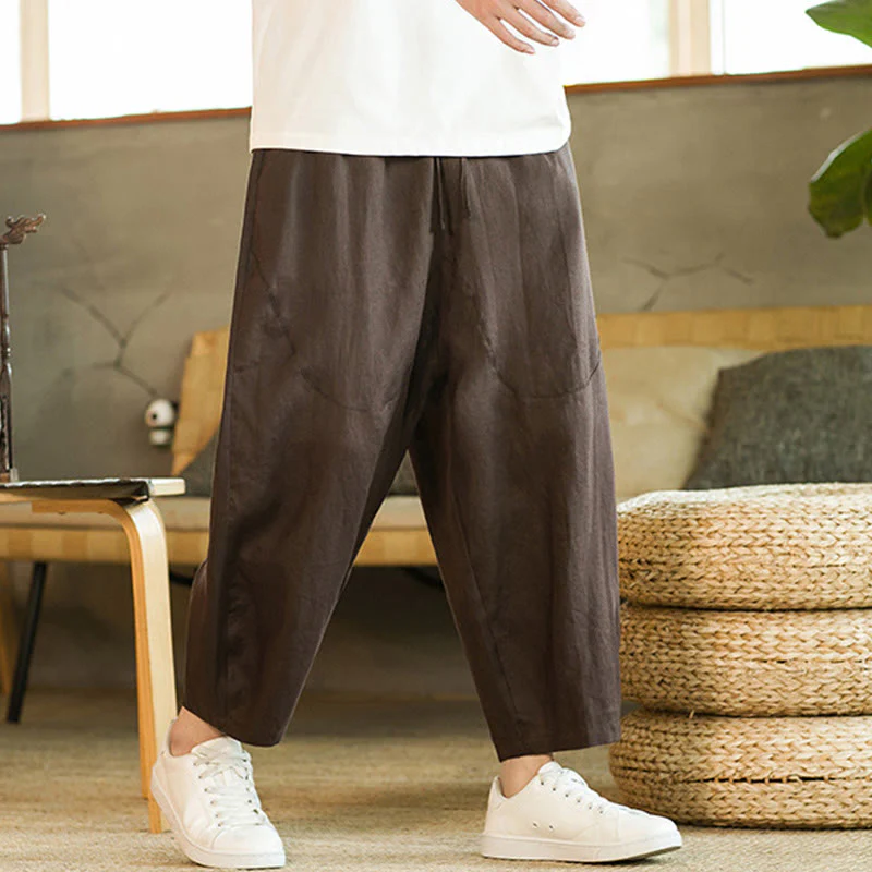 Pantaloni harem da uomo in lino con elastico in vita, con coulisse, stile casual retrò, tinta unita, stile semplice, con tasche , Buddha Stones - Image 27