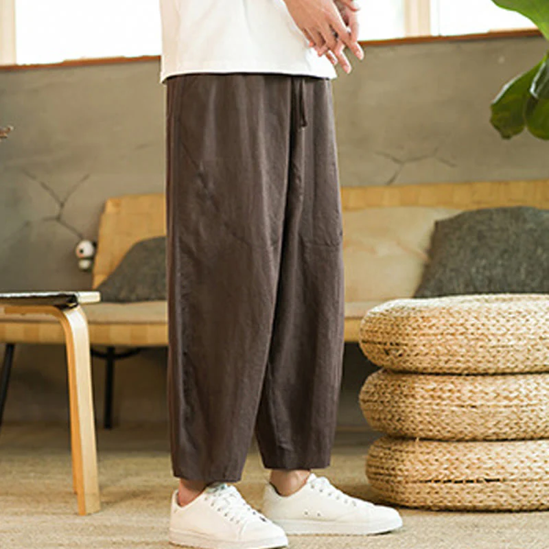 Pantaloni harem da uomo in lino con elastico in vita, con coulisse, stile casual retrò, tinta unita, stile semplice, con tasche , Buddha Stones - Image 28